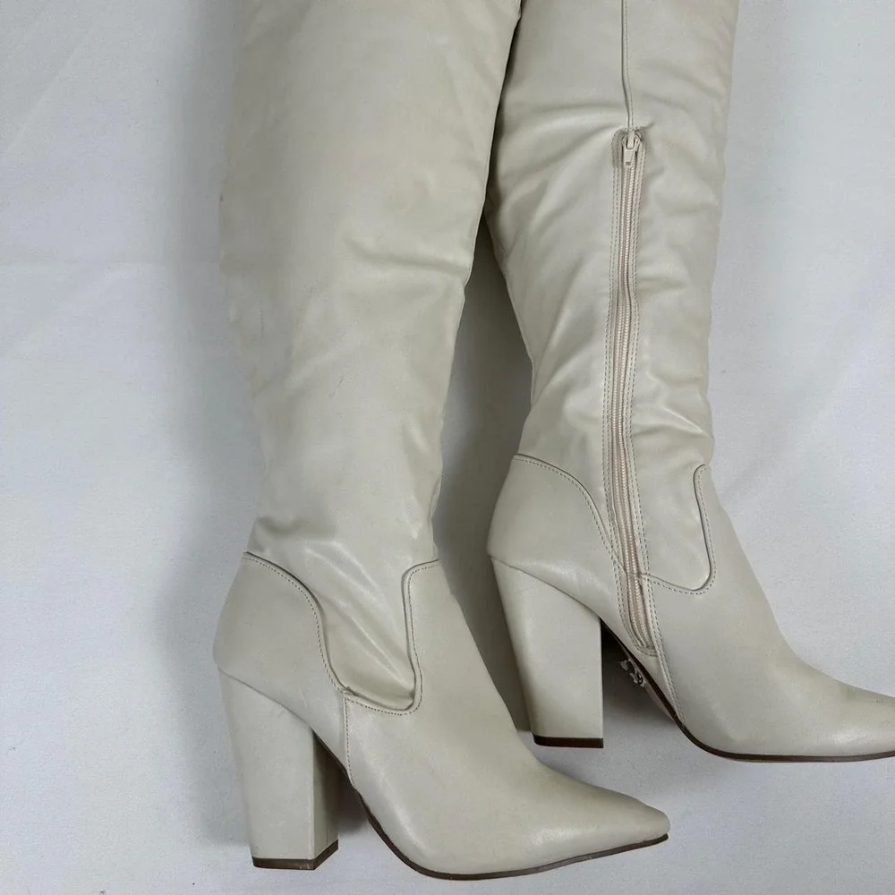 Cream leather knee high boots with block heel size 9